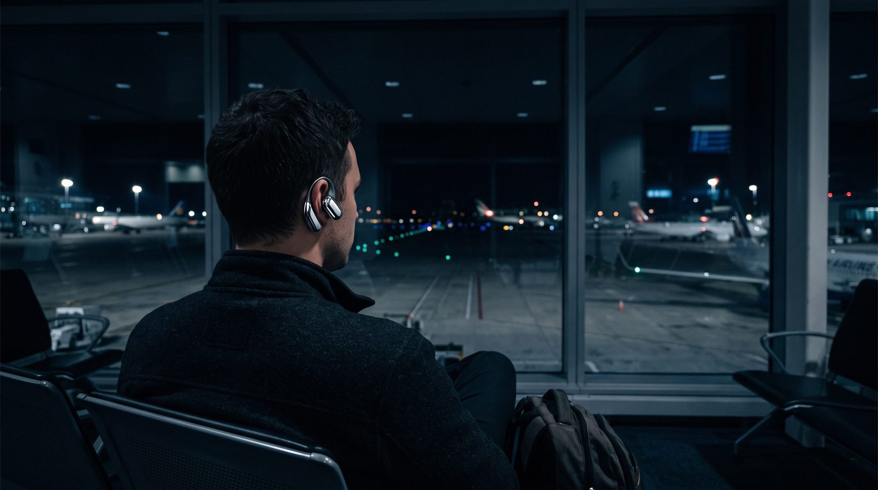 Viajero esperando su vuelo junto a la ventana