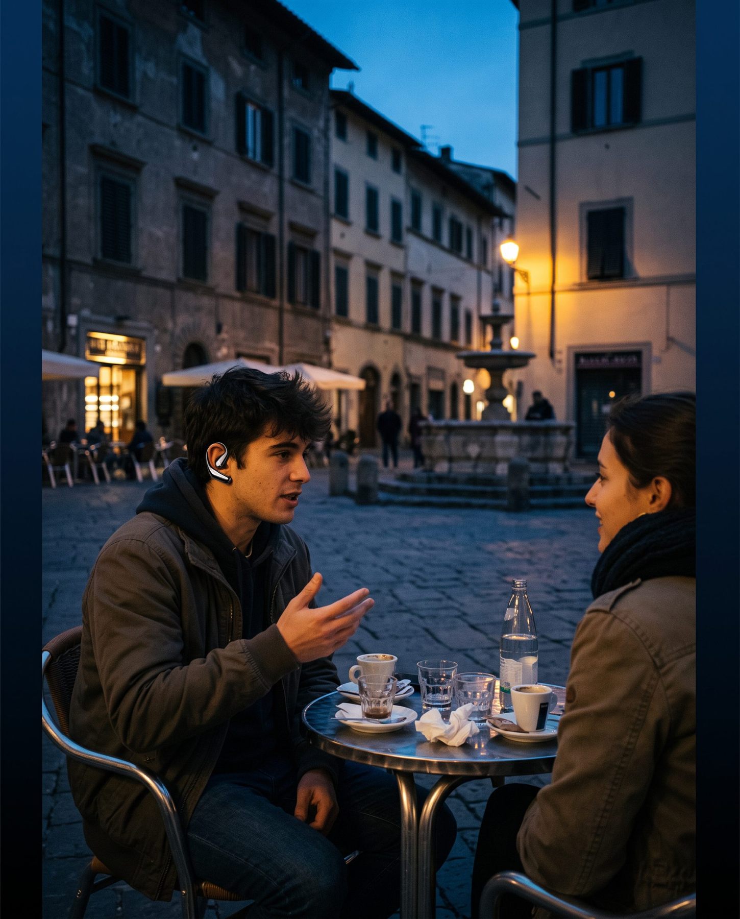 Estudiante de Erasmus en una plaza italiana al anochecer, con un auricular cromado