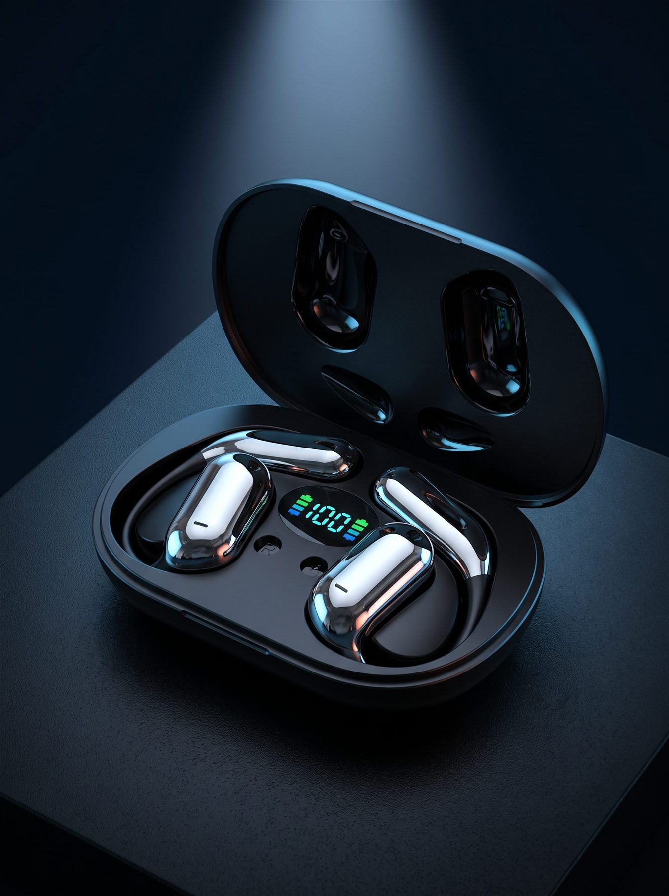 Estuche negro abierto con los dos auriculares cromados y la pantalla de batería encendida al 100