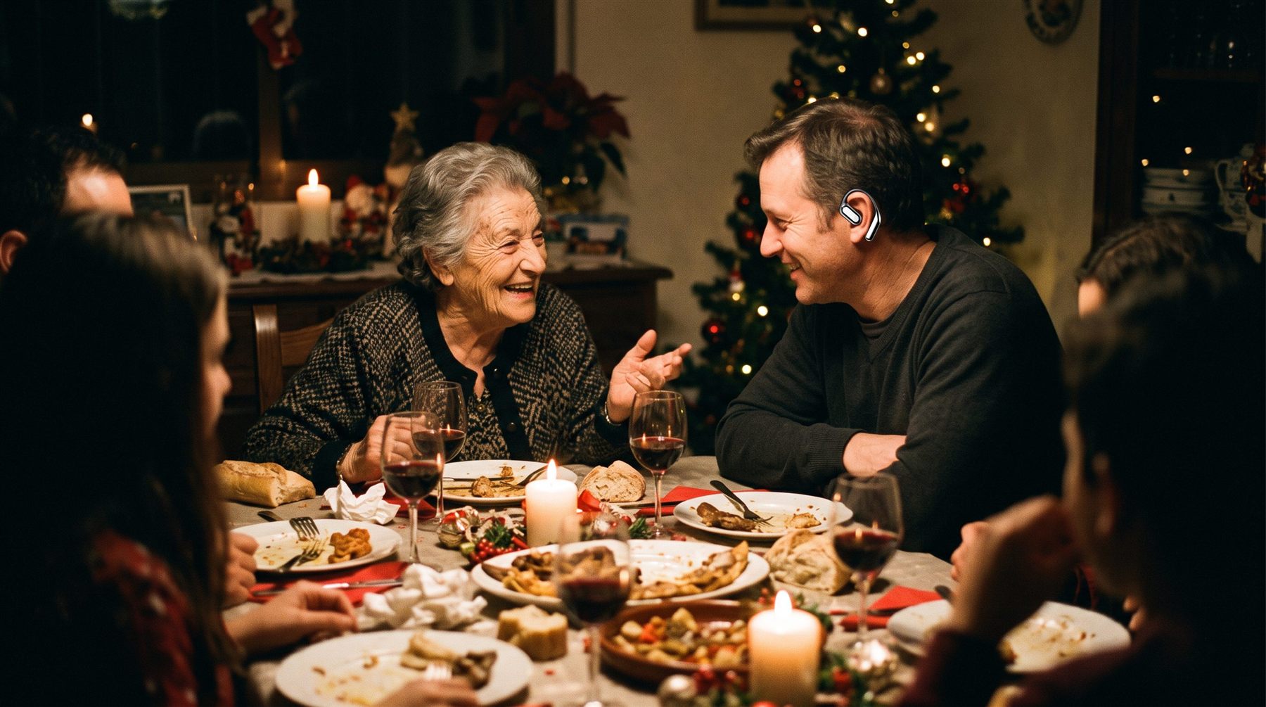 Cena de Navidad: una abuela española ríe con su yerno, que lleva un auricular traductor