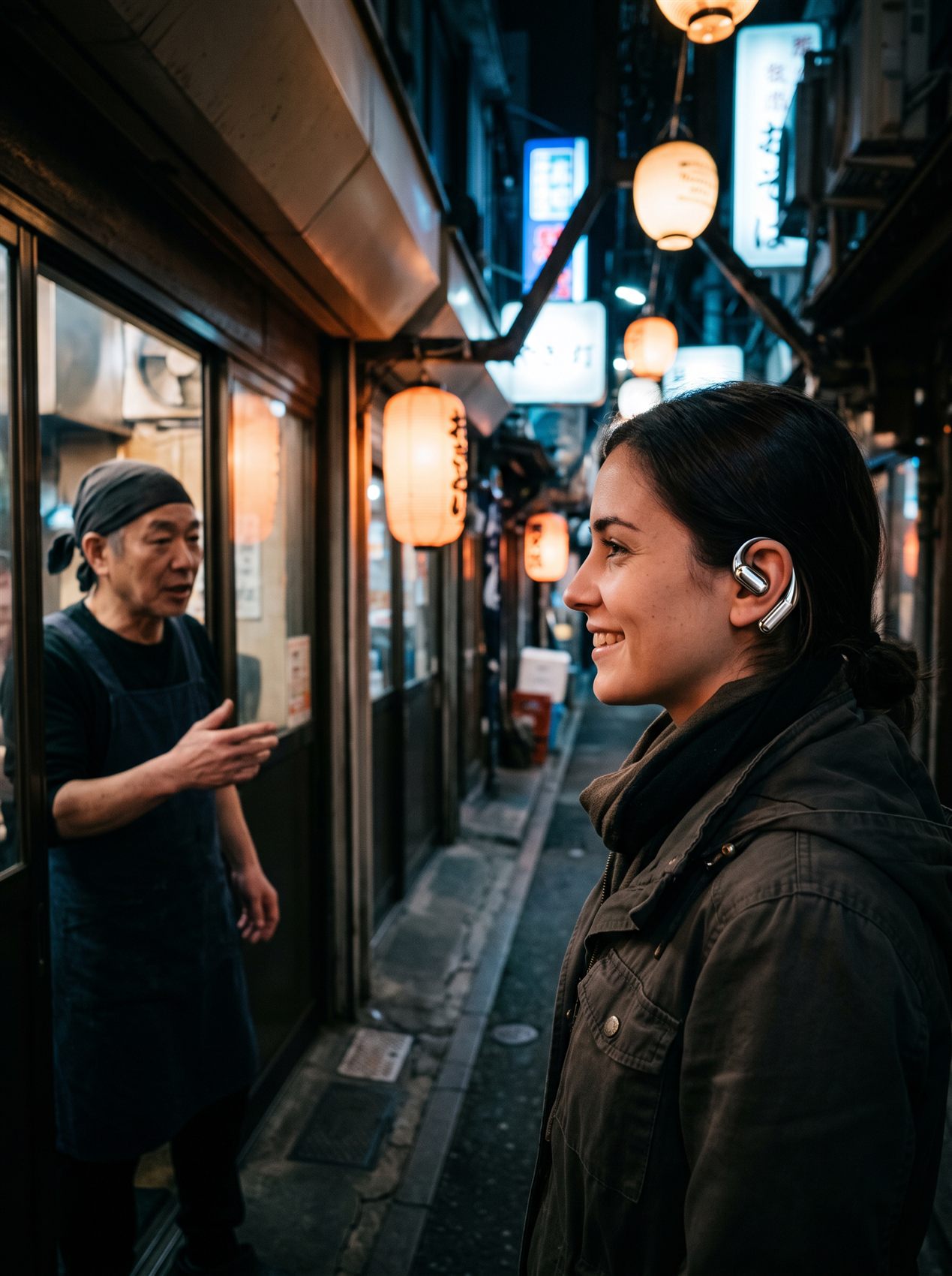 Viajera en una calle de Tokio de noche, con un auricular cromado, hablando con un tendero